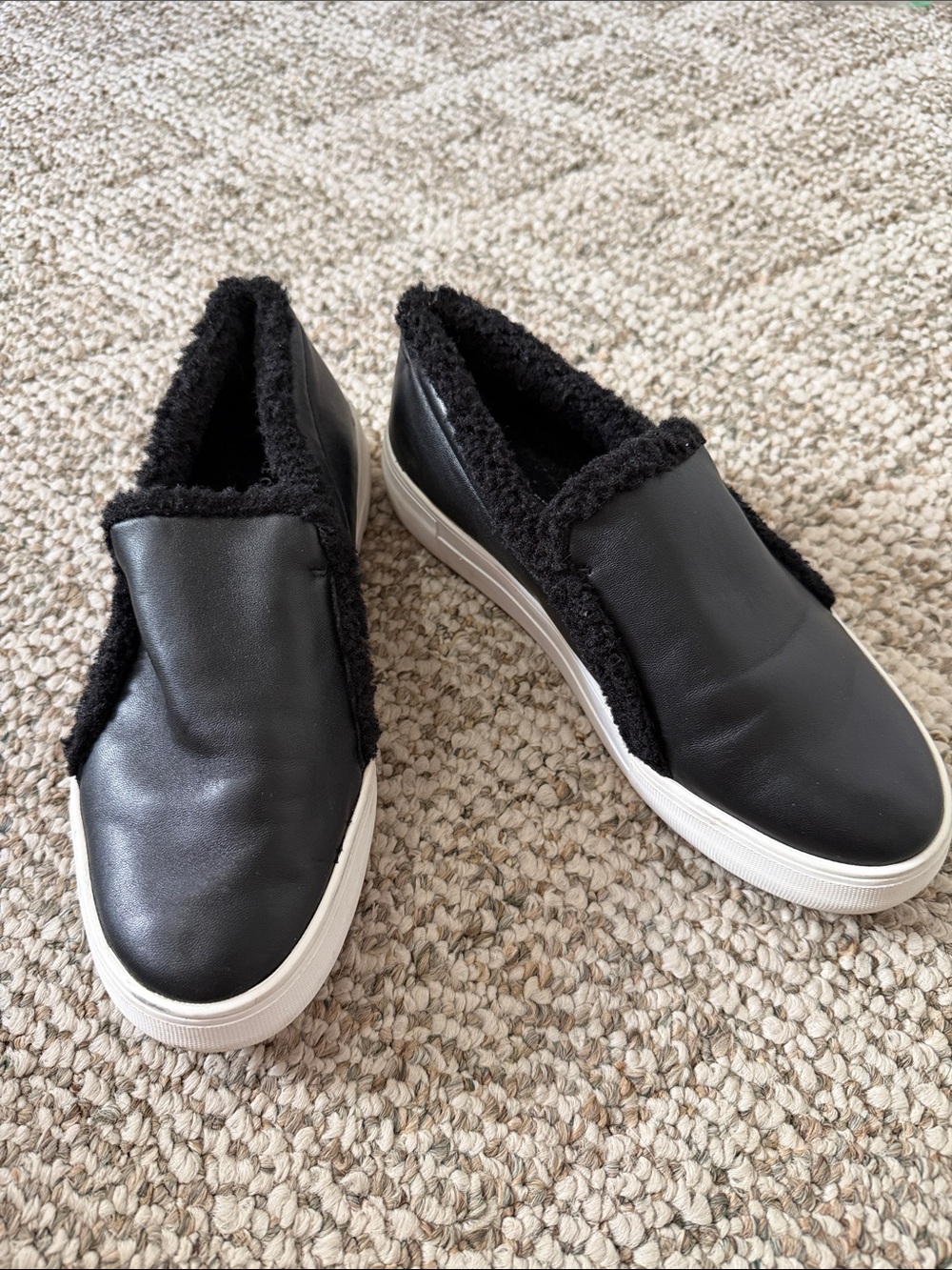Vince Camuto Black Slip-On Faux Leather Sneakers with Shearling Trim